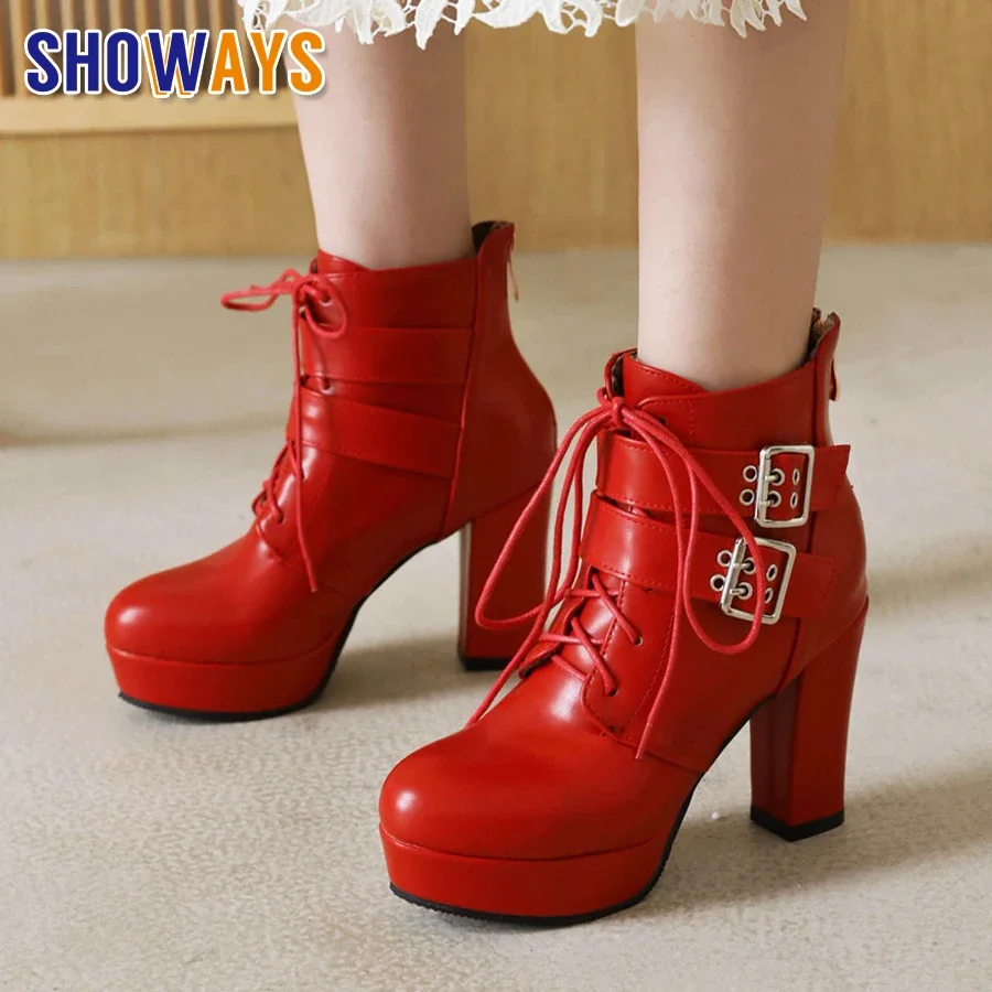 Winter Buckle Belt Ankle Boots Women High Thick Heels Pink Red Black Party Dress Lady British Marden Zipper Platform Short Boots