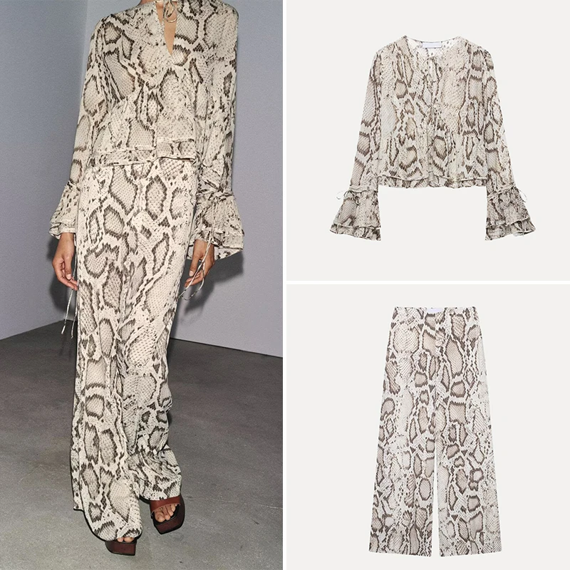 

Z 2025 Summer New Women's Floral Print irt Transparent Pants Long Sve V-ne Polyester Fiber Two-piece Set