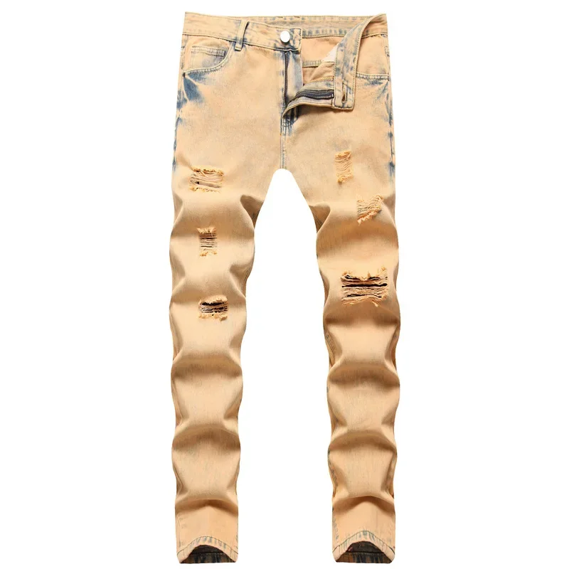 

2023 Men's Casual Bleached Yellow Mid-Rise Washed Cow Ripped Jeans