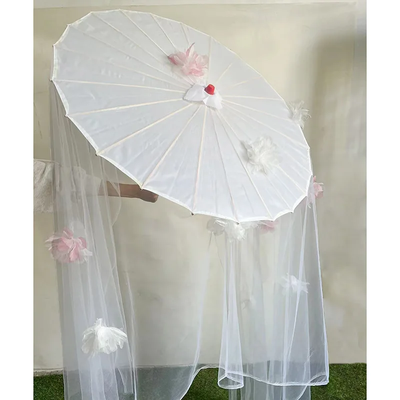 Chinese  Cinema Wedding Photography Props White Gauze Sticky Flowers Oil Paper Umbrellas Dance Shows Parasol Decorative Umbrella