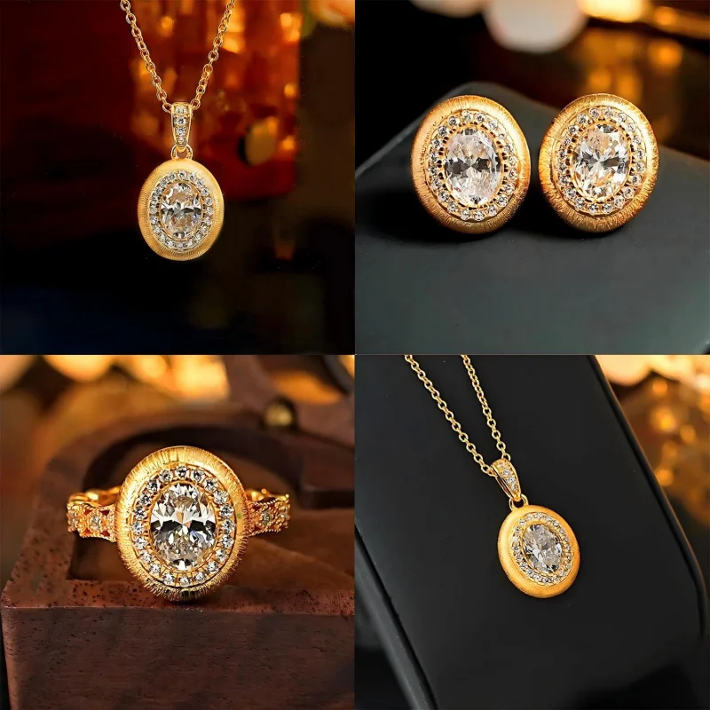 

Набор золотистых конических колец, серег и ожерелий из циркония с покрытием из 18-каратного золота. Это ювелирный набор, подходящий для женщин.