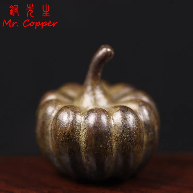 Antique Copper Pumpkin Small Statue Desk Ornament Study Paperweight Plant Figurine Living Room Home Decoration Craft Accessories