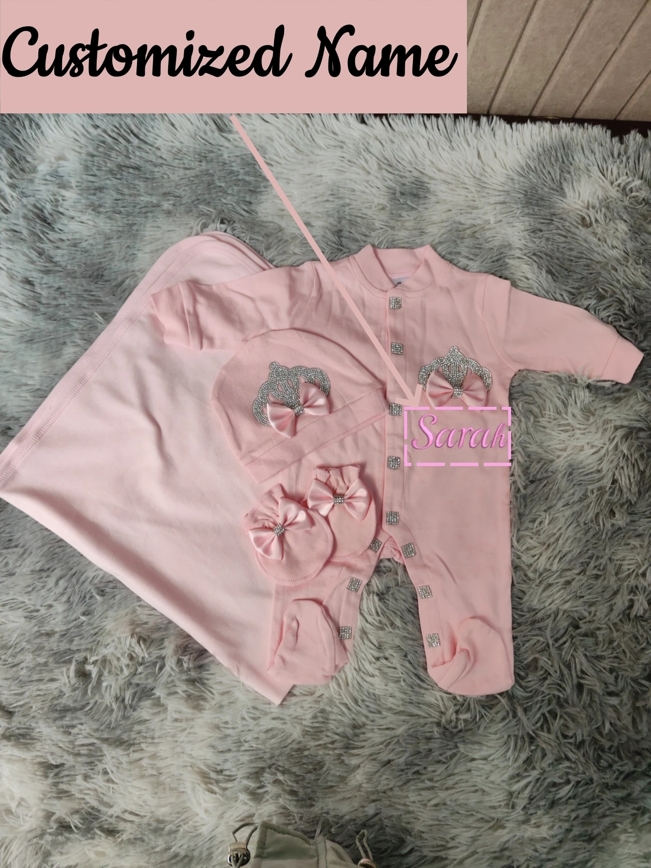 Sweet Lovely Baby Girl 4PCS Cotton Outfit Newborn Crown Bow Romper Hat Gloves Blanket Soft Breathable Photo Prop 0-9M