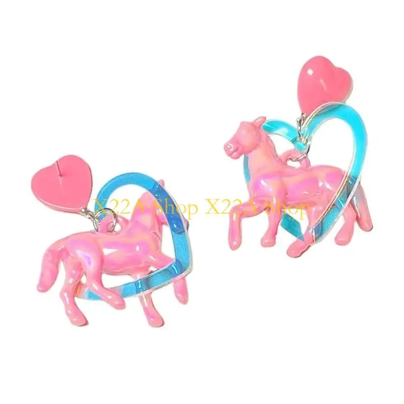 Unique Eye Catching Heart Horse Drop Earrings Stylish Acrylic Heart Horse Earrings for Women Party Dangle Ear Studs Accessory