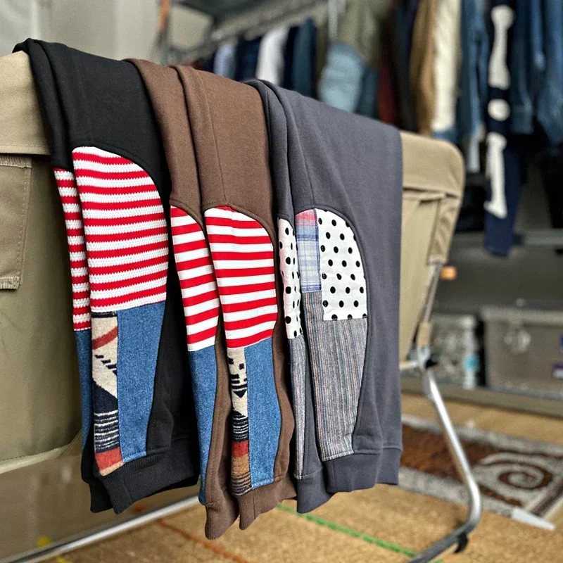 Japanese Retro Heavy Weight Cotton Sanitary Pants Ethnic Style Water Drop Splicing Elements Men's Elastic Waist Casual