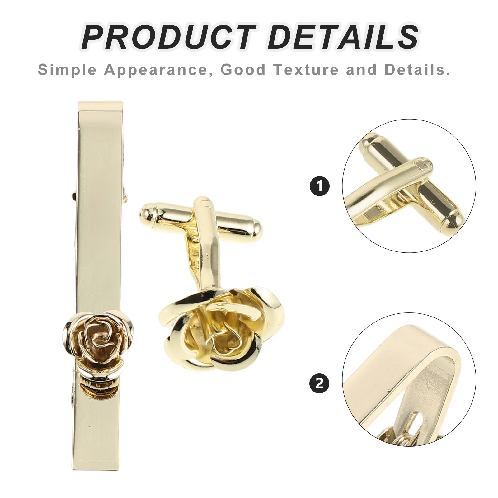 1Set Rose Flower Tie Clip and Cufflinks Business Formal Suit Accessories Necktie Clip Shirt Cuff Links Wedding Events Golden