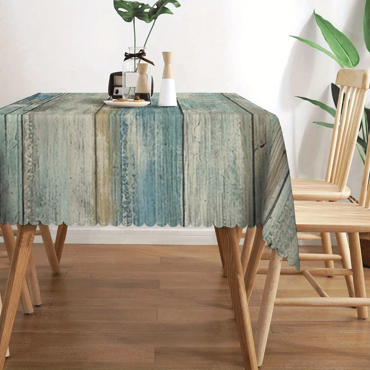 JIT, 1pc beautiful wood-grain texture printed rectangular tablecloth, with fan-shaped edge polyester fiberzyc