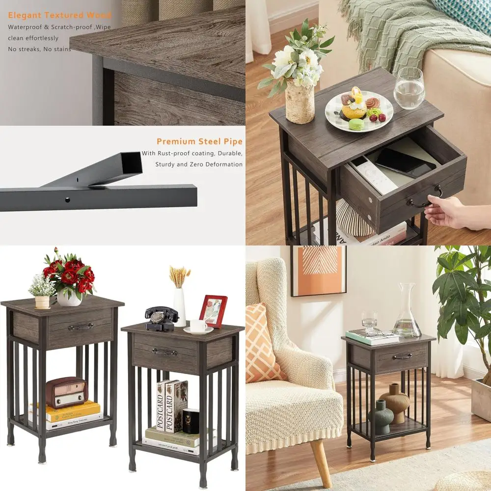 

Gray 2-Piece Wooden Nightstand Set with Drawer and Storage Shelf, 15.7x11.8x23.6 inches