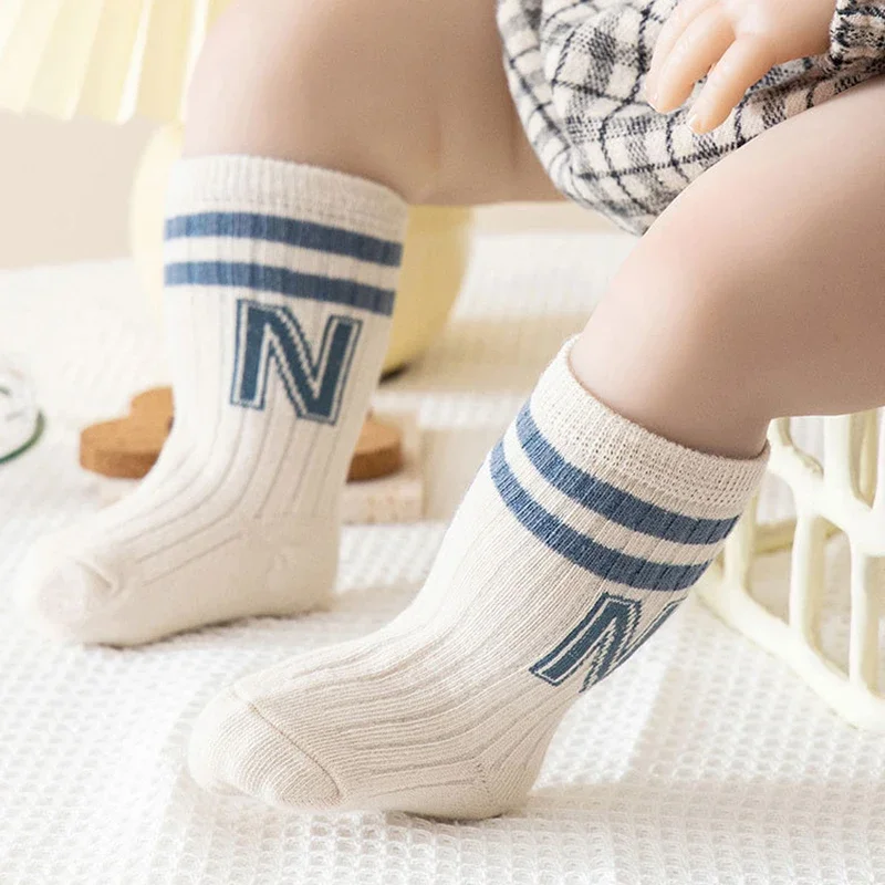 Autumn Baby Letter Stitch Cotton Floor Tube Stockings Korean Kids Knit Soft Fashion Knee High Long Socks for Infant Boys Girls