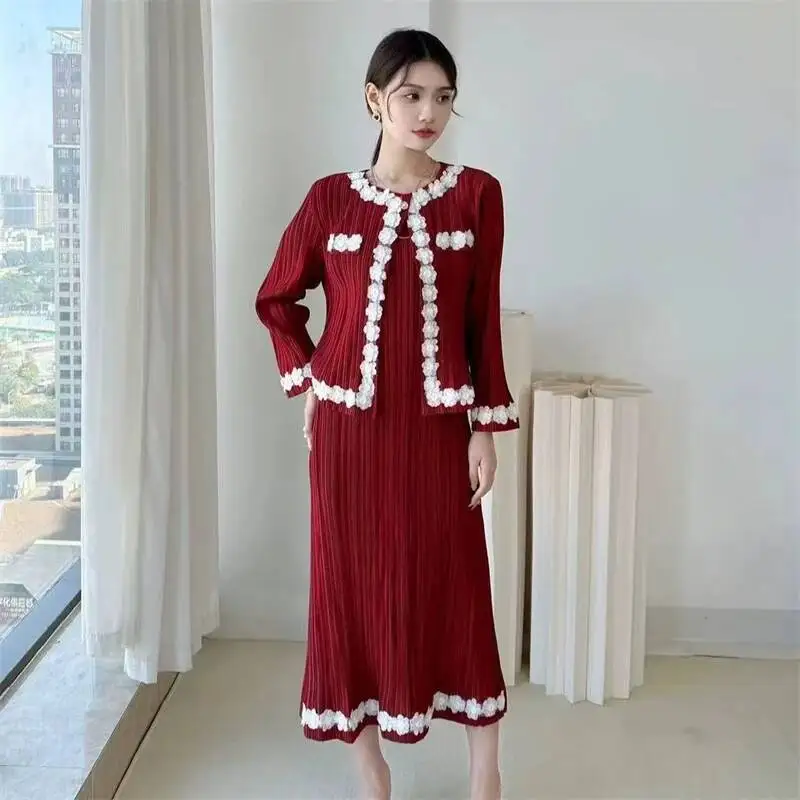 Colorblock Black White Design Women's Pleated Two Pieces Set O-neck Beaded Petal Hem Short Coat +Elastic Dress 2EIVZ