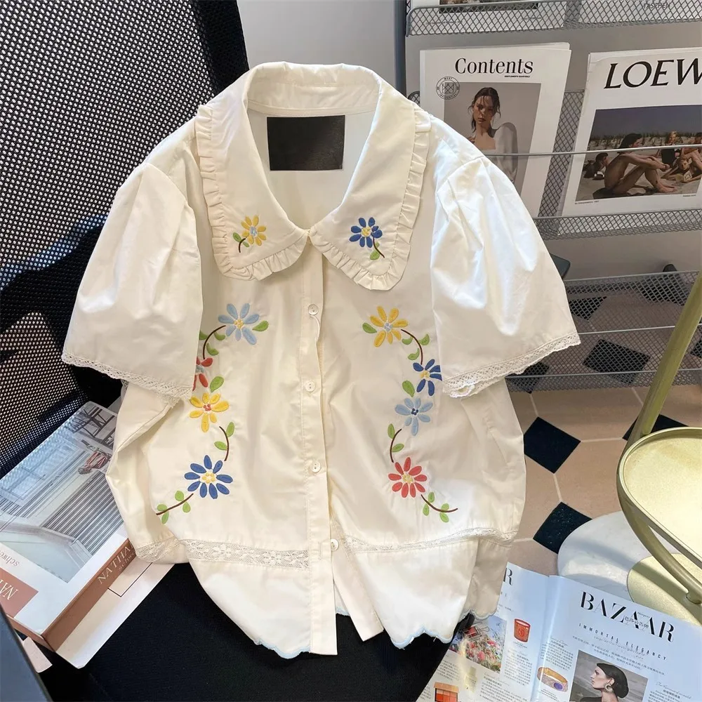 

Винтажная женская летняя блузка с вышивкой, воротником-стойкой и коротким рукавом, с цветочным принтом, повседневная, из смесовой ткани
