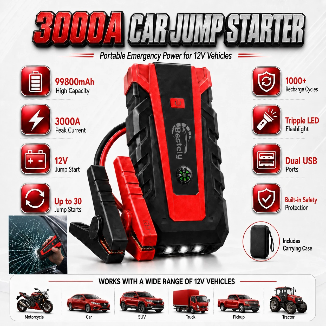 Nouveau démarreur de batterie de voiture 12V 3000A, chargeur portable, booster de voiture, dispositif de démarrage automatique, démarreur d'urgence, charge rapide