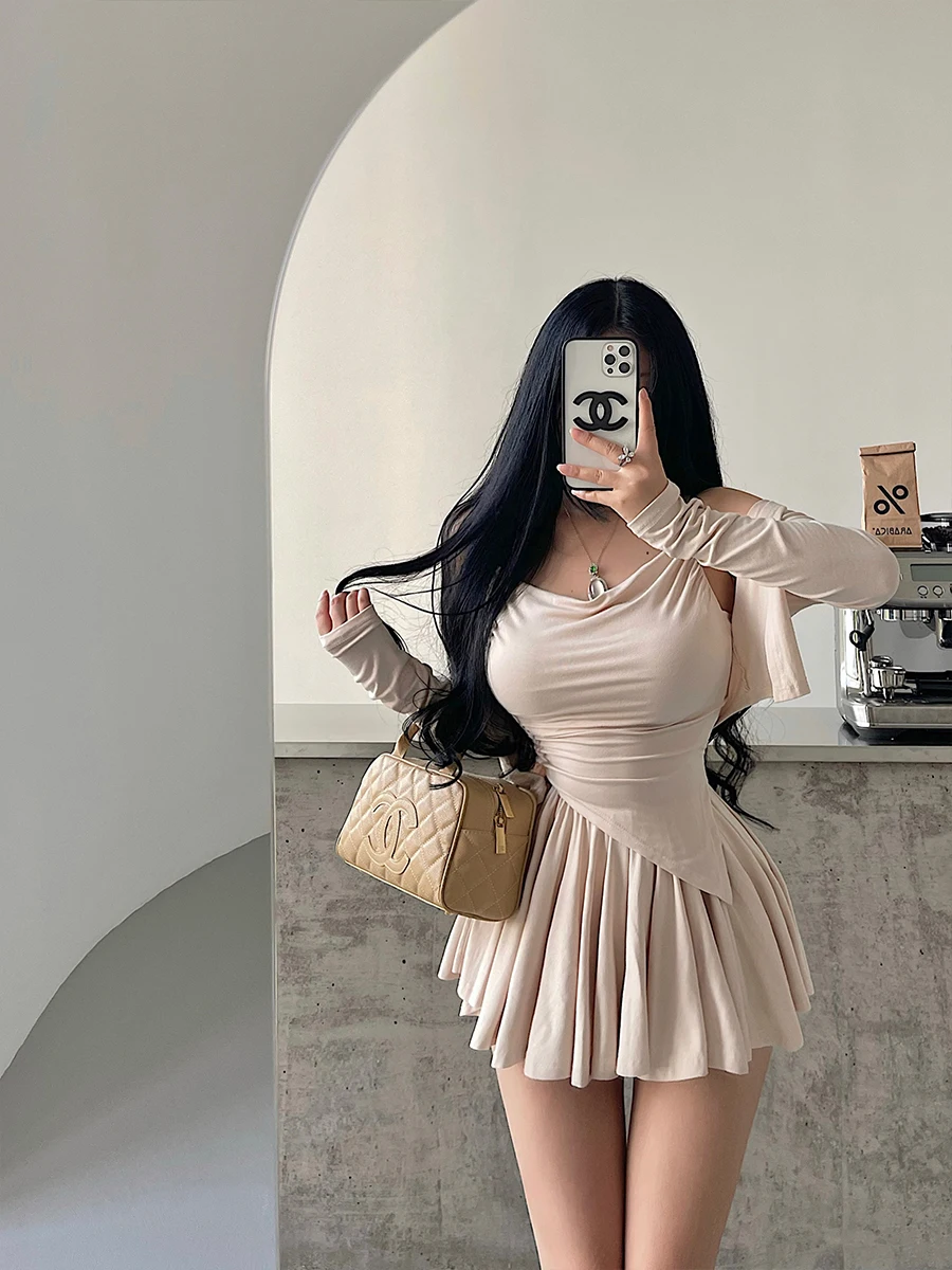 

День молодой девушки Pure Desire Sweet Sister Long Sve Wrap Ne Strap Vest Anti-Light Dra Плиссированная юбка Комплект Faionable Wom...