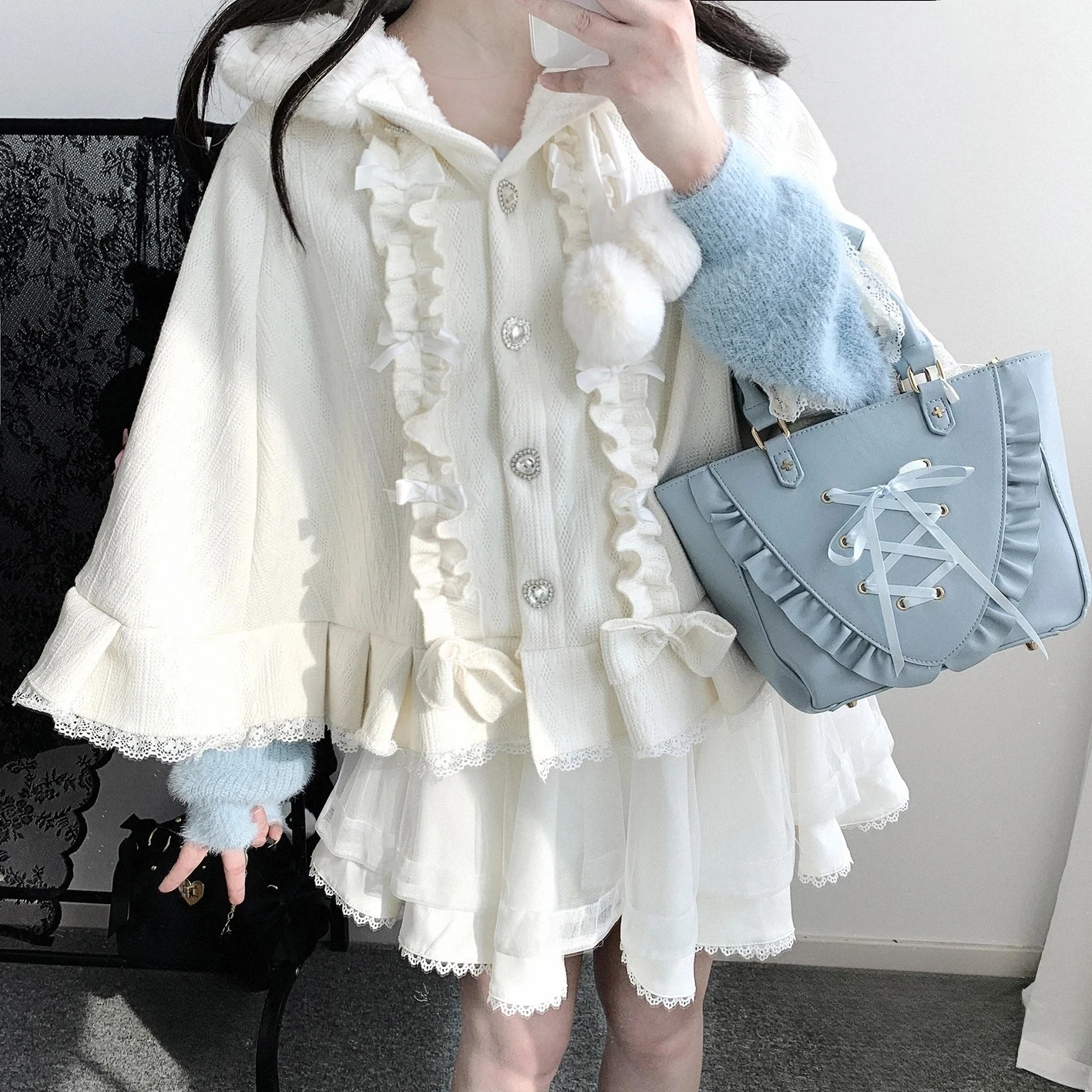 

Lolita Style Sweet Kawaii Capes Coat Women Warm Bow Ruffles Hooded Ponchos Japanese Viange Outerwear Clothing Autumn Winter