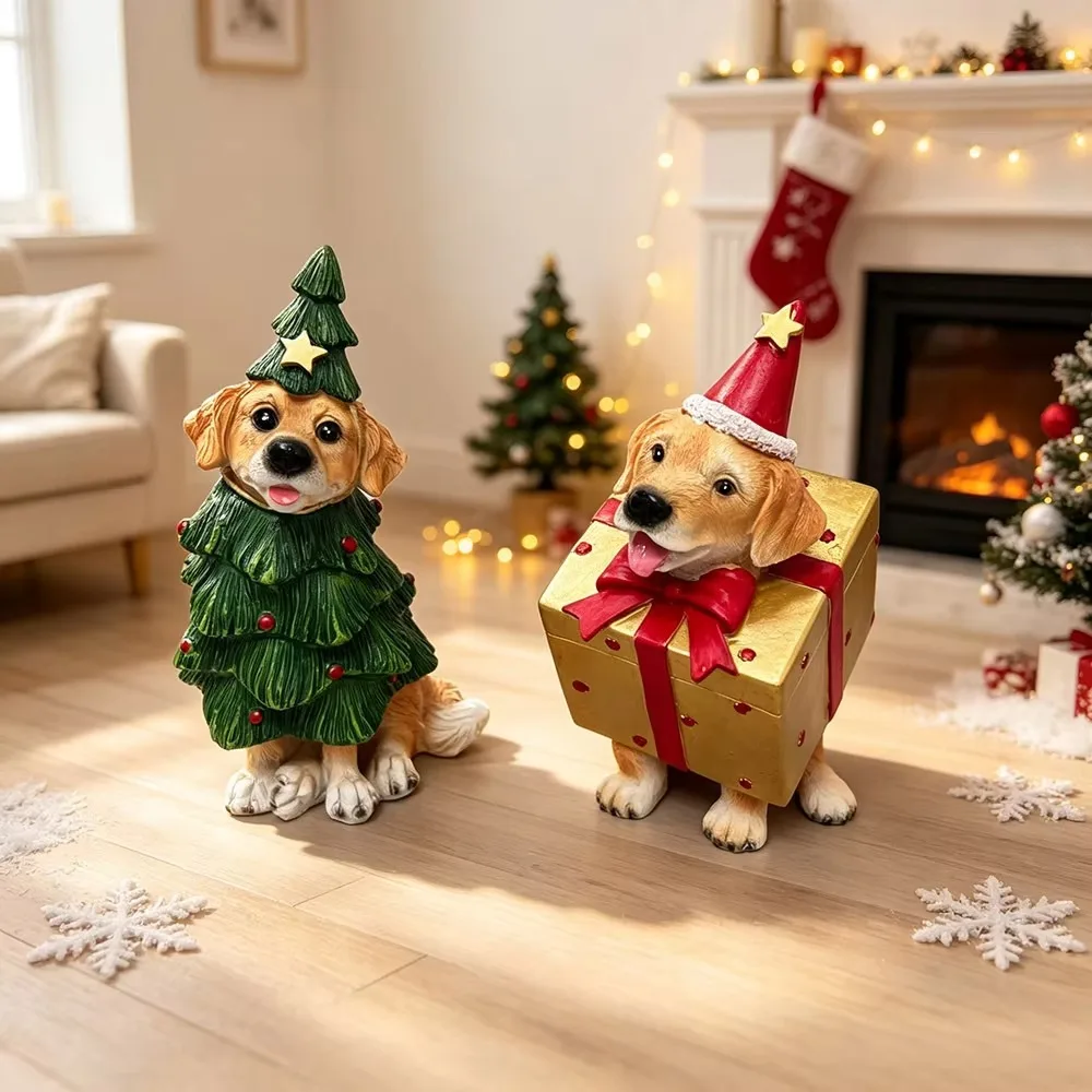 Dog Figurine Painted Resin Dog Figurine Christmas Golden Retriever Tabletop Doll Home Holiday Scene Decoration Gift