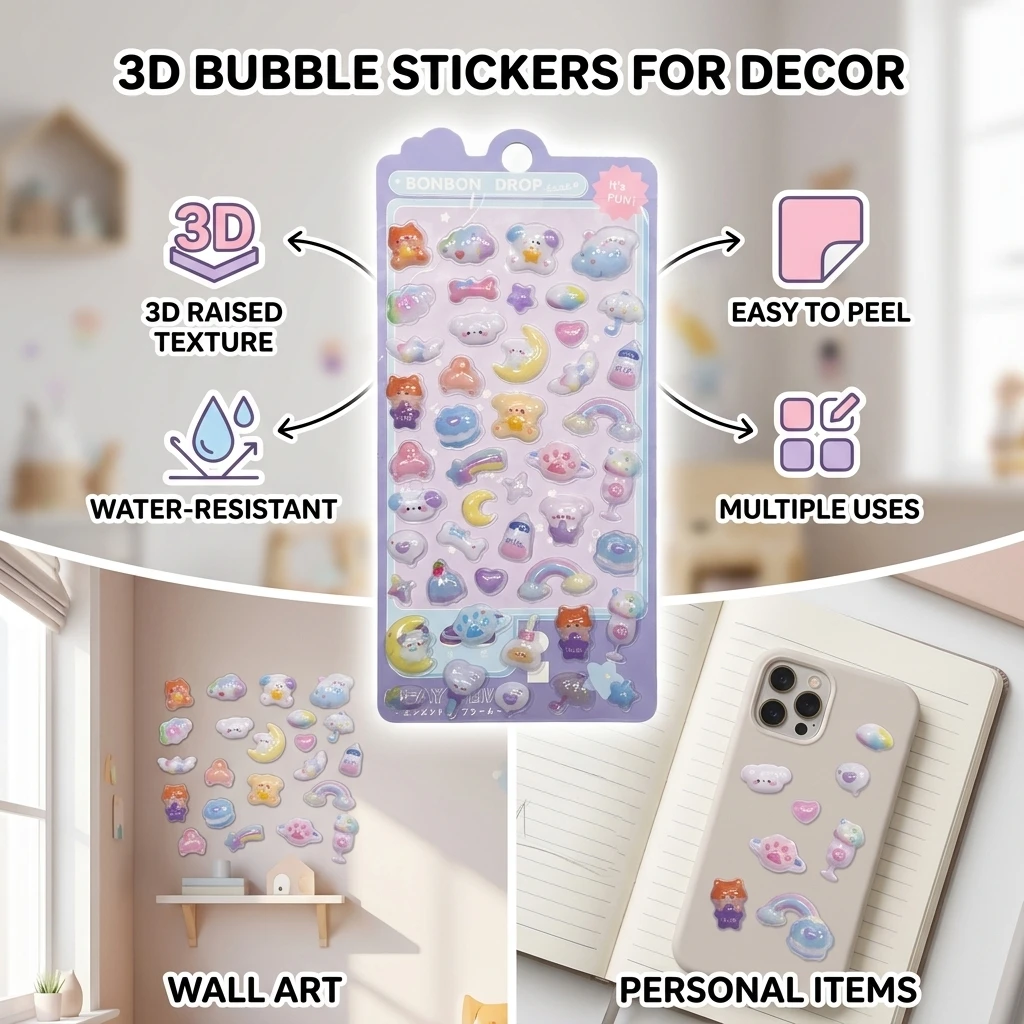 Cute 3D Bubble Stickers Fluffy Stickers Cute Hollow Bubble 3D Stickers for Phone Cases Journals and Children's DIY Crafts