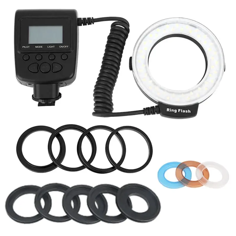 B63B-HD-130 Macro LED Ring Flash Bundle With 8 Adapter Ring For Canon Nikon Pentax Olympus Panasonic DSLR Camera Flash V