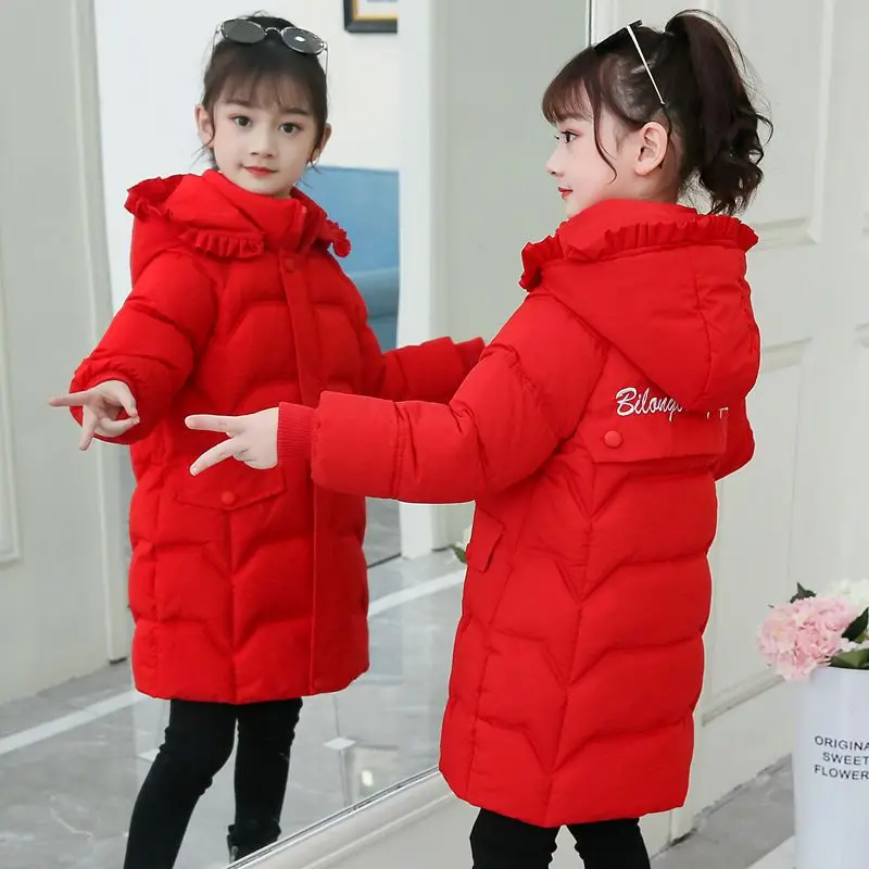 

2022 Teenage Solid Girls Autumn Winter Jackets Child Fashion Hooded Parkas Kids Outwear Cute Cotton Children Clothing 4-12Years