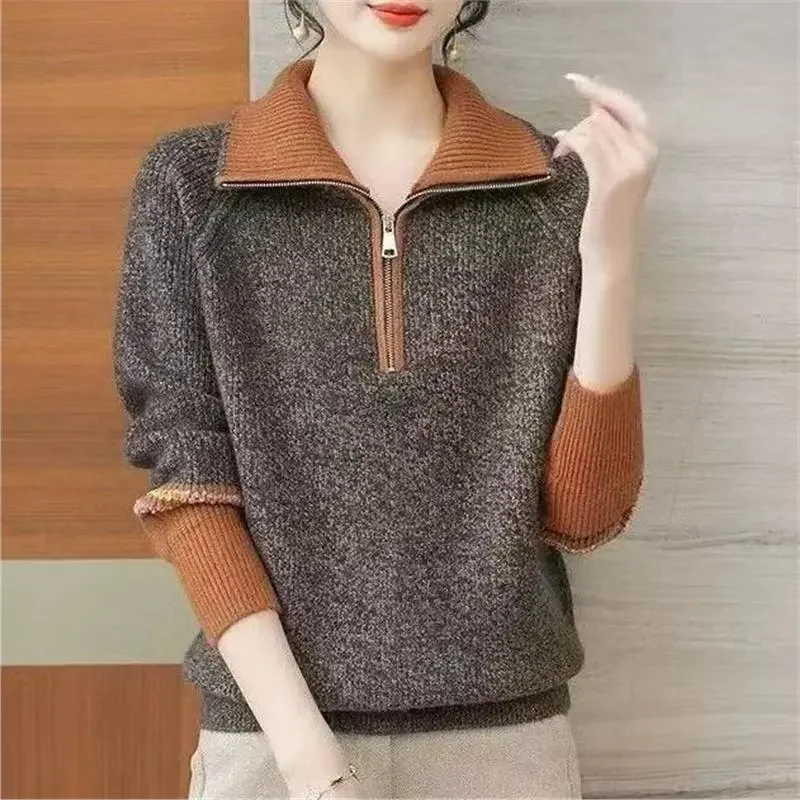 韓国風プルオーバージャケット レディース 2025年秋冬新作 ラペルジッパーセーターコート フェイクツーピースニットトップス インナーシャツ