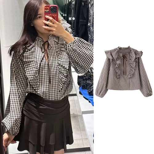 Imagen 2 del producto Blusas Tops primavera mujer 2026 nueva moda a cuadros capas elegantes camisas de mujer Tops Chic calle joven viajes vacaciones Tops