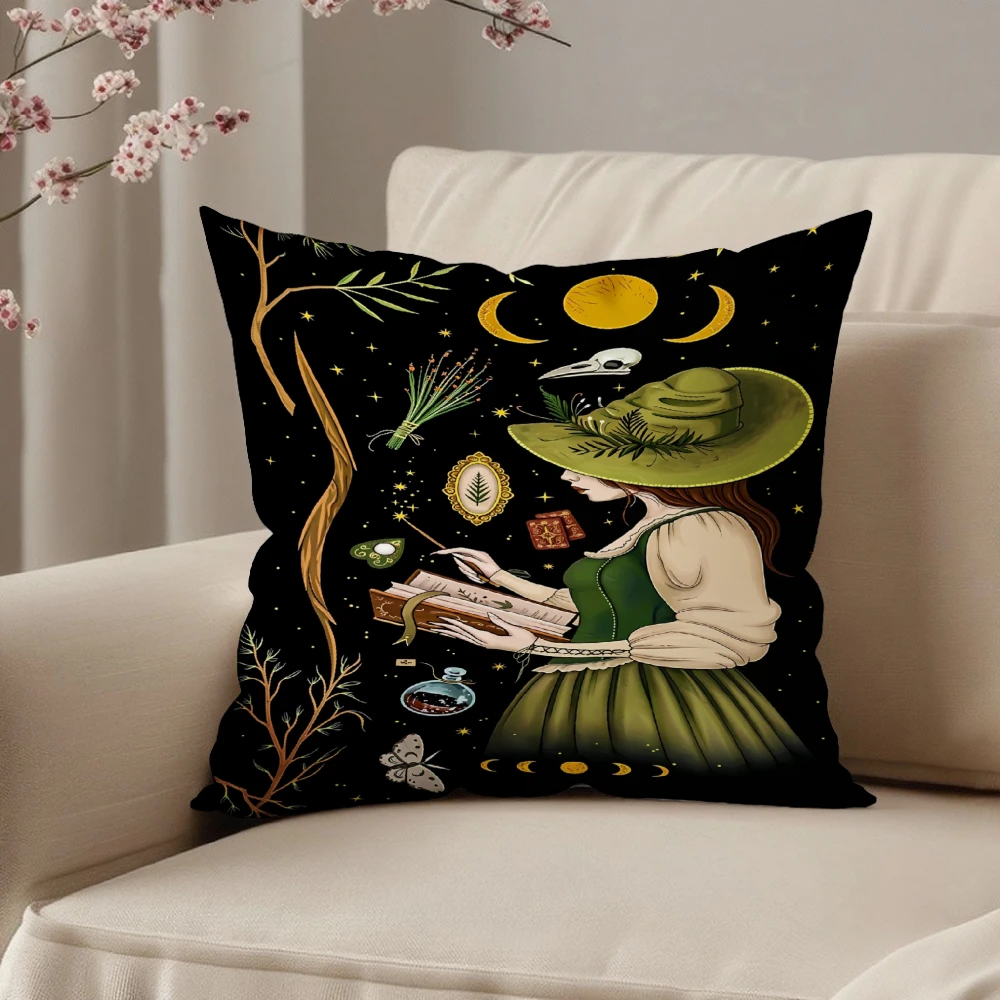 Square Throw Pillow Case Black Witch Reading Book Moon Stars Herbs Magic Print For Living Room Sofa Bedroom Home Decor Cushion C