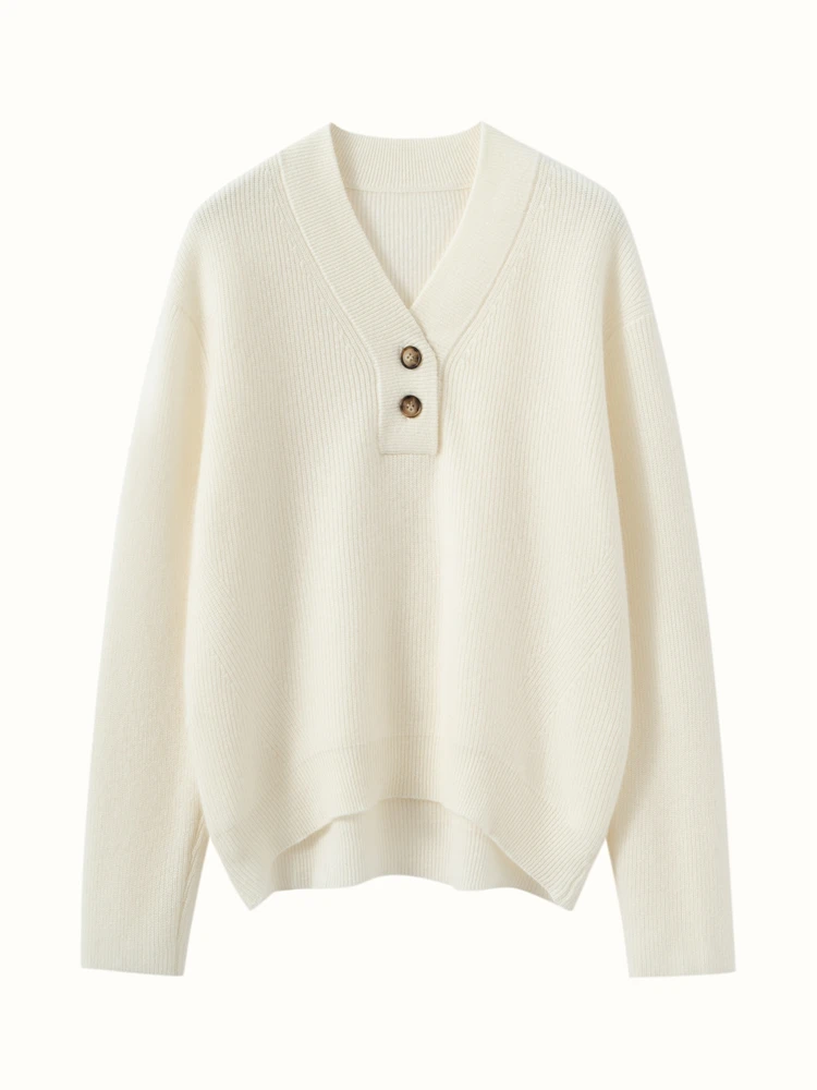 

Autumn Winter Women Cashmere Sweater Button V-neck Pullover Irregular Hemline Striped 100% Cashmere Knitwear Office Lady Clothes