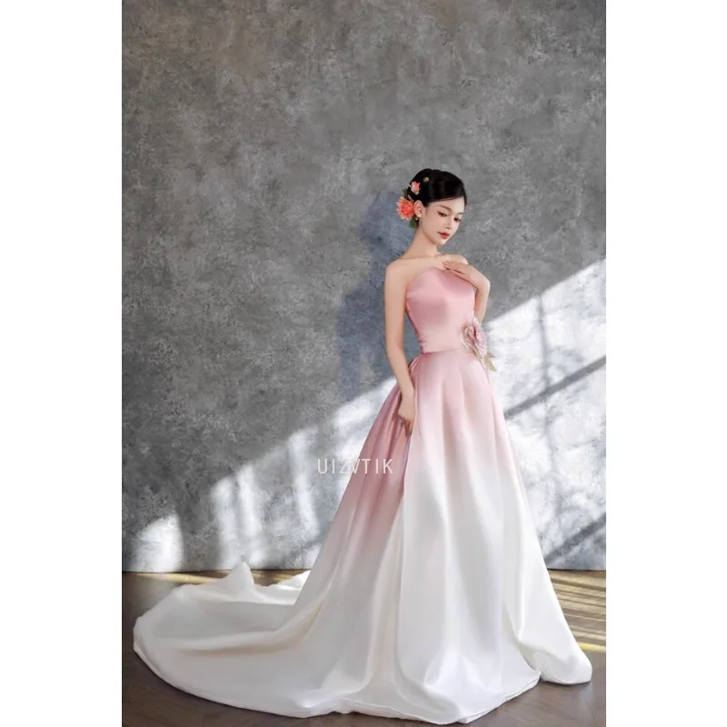 Pink Shiny Wedding Dresses Strapless Satin A line Wedding Photos Shoot Dresses Hand-made Big Flower Pleat Formal Occasion Dress