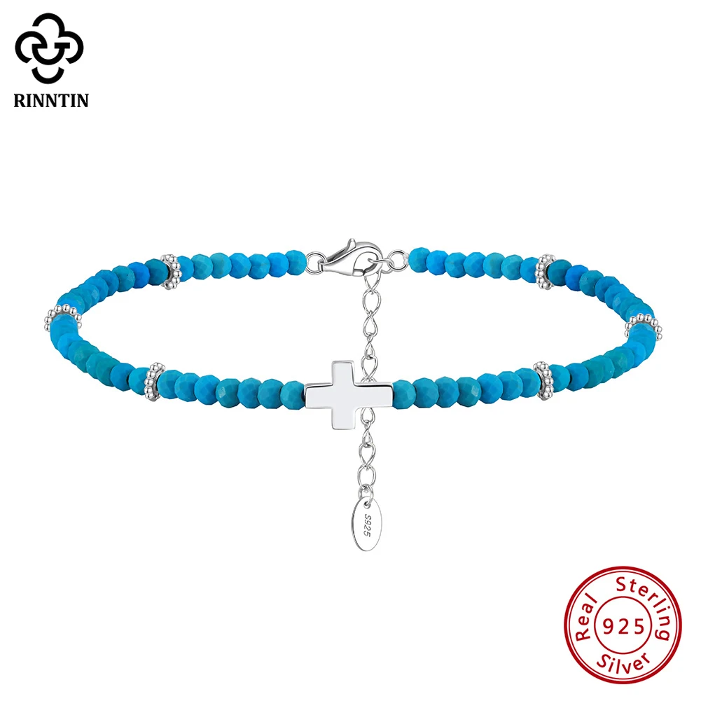 Rinntin 925 Sterling Silver Natural Turquoise Anklet with Silver Cross for Women Dainty Vintage Straps Christian Jewelry SA86