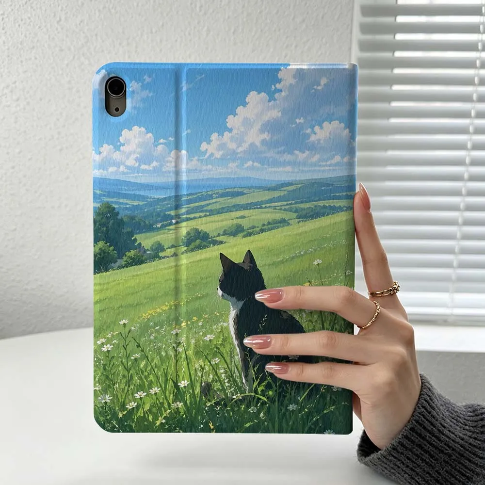 Cartoon Cat Lying Grass Cover For iPad Pro Air mini 7 6 5 4 3 2 1 9gen M5 M4 11th 10th A17 Pro A16 Soft Inch Tablet Case