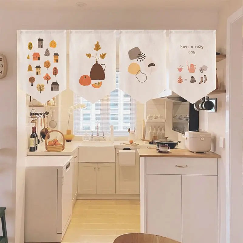 VIKAMA Autumn Maple Pumpkin House Print Triangle Hanging Flag Noren Curtain Kitchen Bistro Partition Banner Window Door Decor