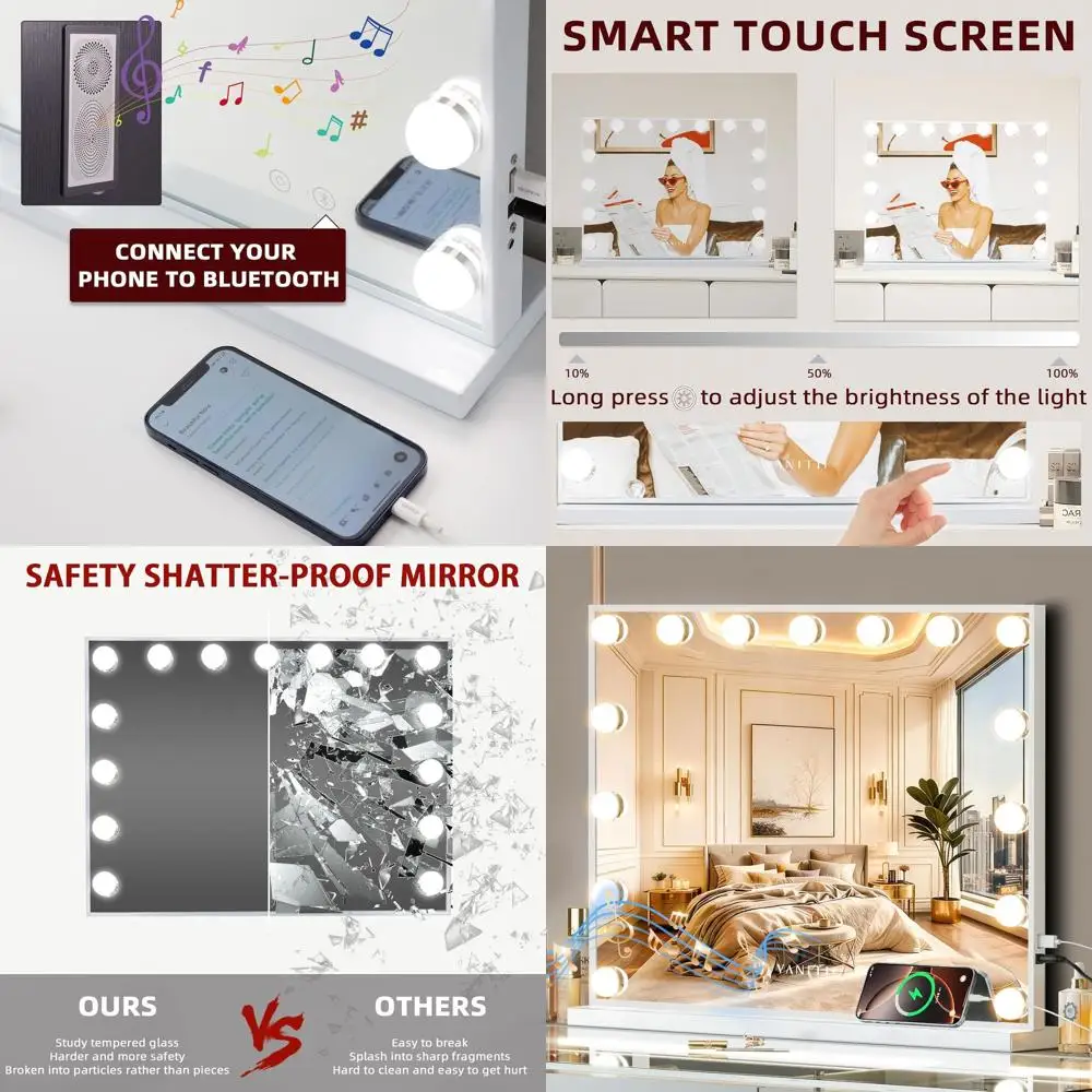 مرآة زينة على طراز هوليوود مع أضواء ومكبر صوت وشحن USB، 3 أوضاع إضاءة، مثالية للمكياج وغرف الملابس #1