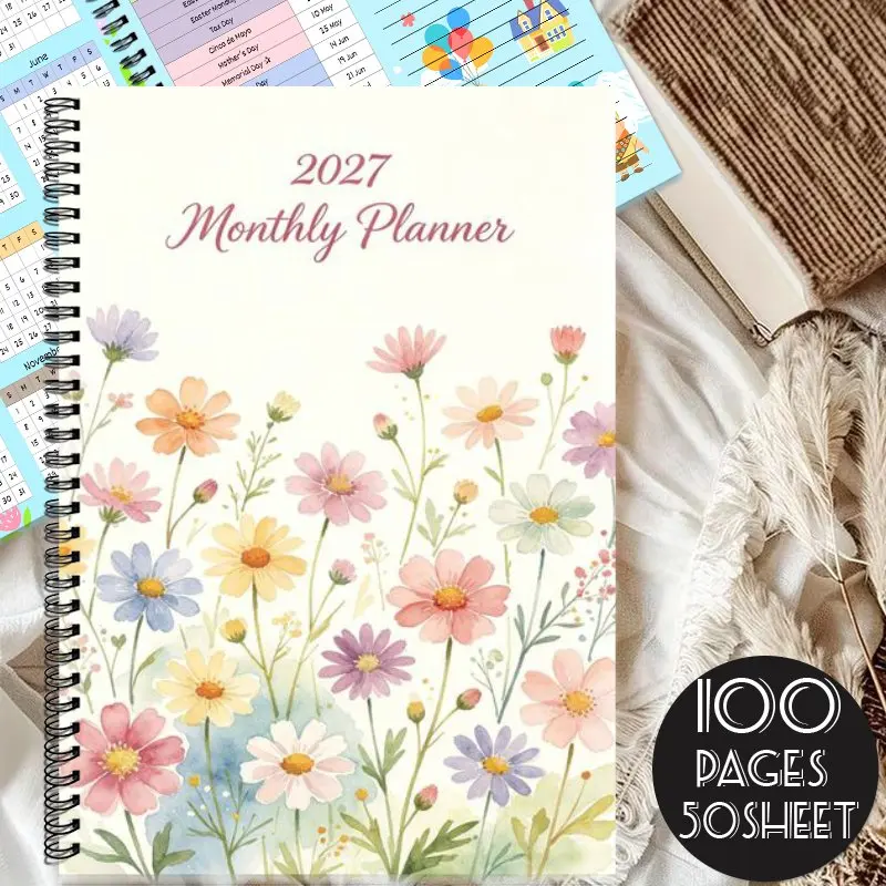 A5 Spiral Monthly Planner 2027 Watercolor Wild Floral Cover Office Stationery Birthday Gift for Work Study Daily Schedule