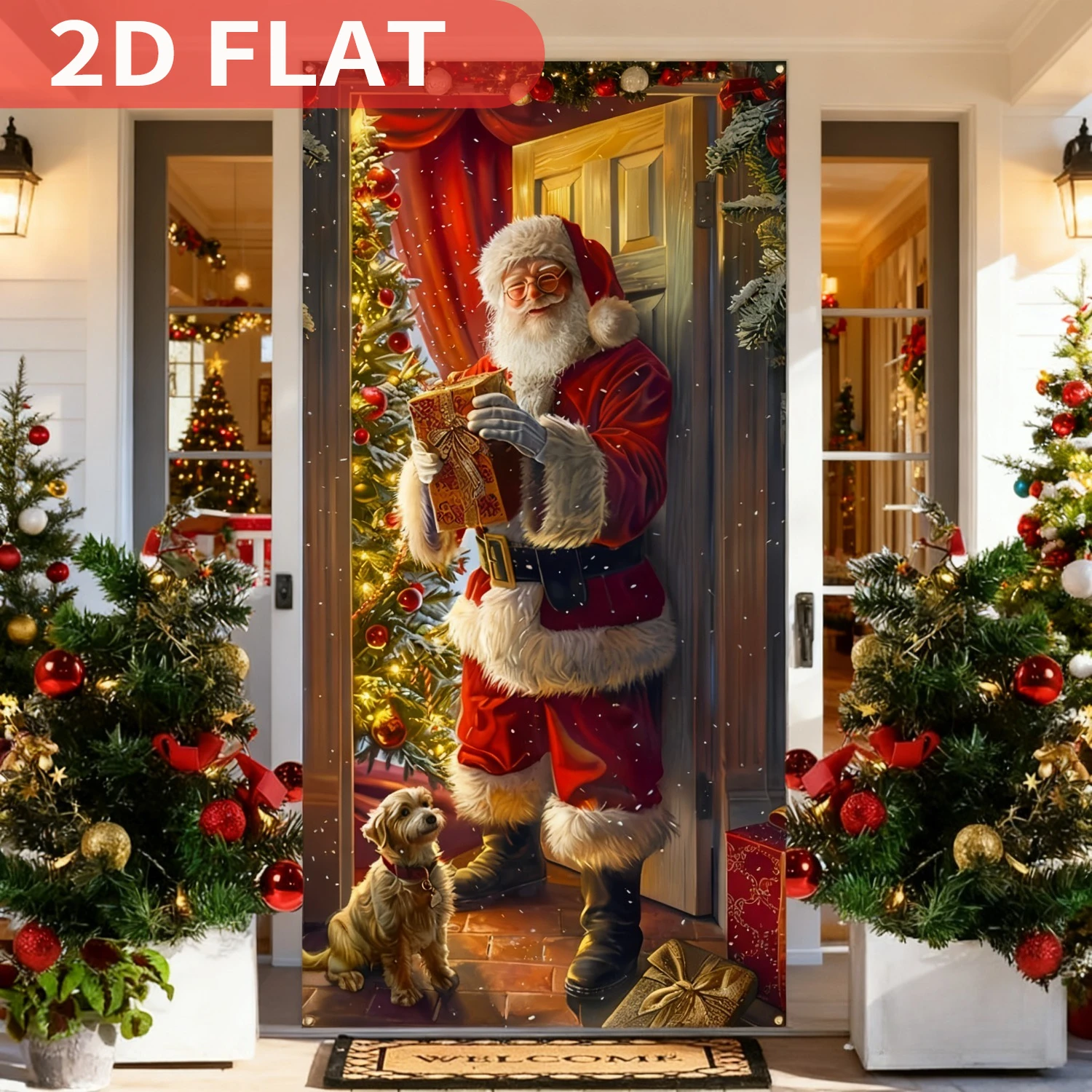1 Stück festliche Weihnachts-Weihnachtsmann-Wandteppiche, Wandteppiche, Türbanner, Polyester-Türabdeckung mit Weihnachtsbaum und Hund, 91 x 152 cm