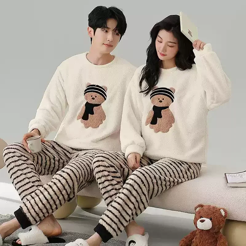 Coreano coral velo homewear feminino e masculino combinando pijamas conjunto para o inverno casal dos desenhos animados bonito pijamas pareja