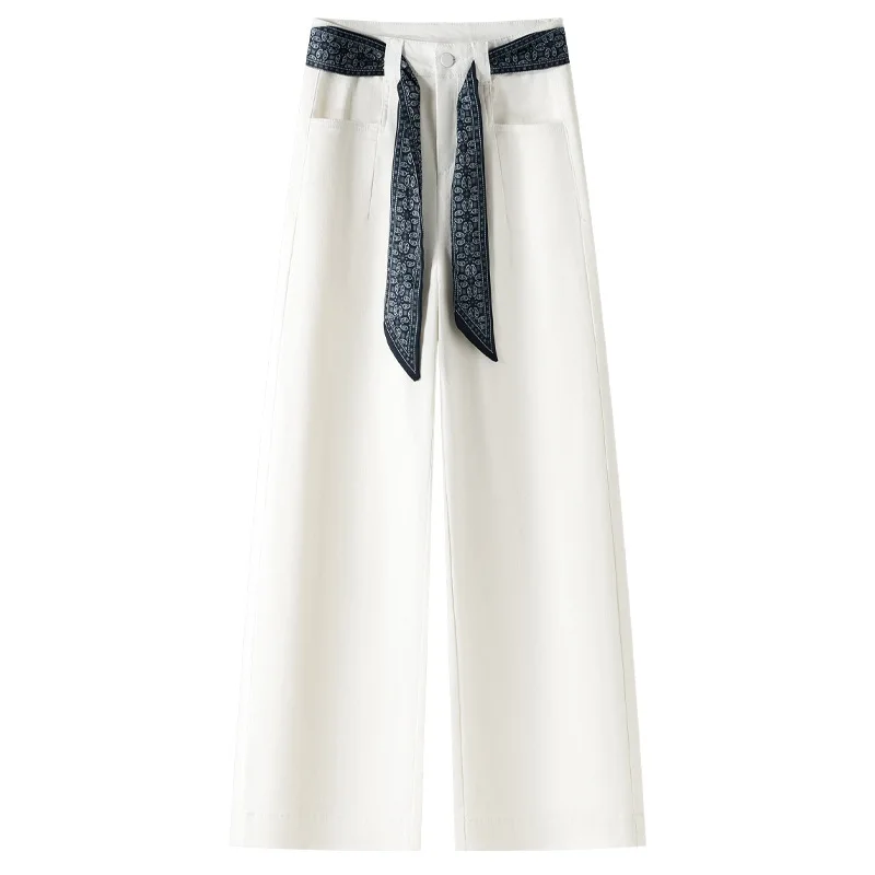 Celana Panjang Wanita High Waist Wide Leg Musim Gugur Terbaru, Longgar, Meniruskan, Model Draped Kasual, Fashionable, Serbaguna, dengan Pita, Model Lurus