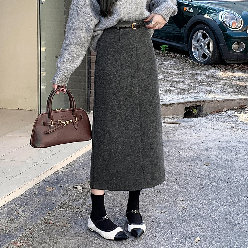 2025 겨울 롱 스커트 여성 빈티지 스트레이트 따뜻한 울 맥시 스커트 여성 벨트 하이 웨이스트 스플릿 오피스 스커트 블랙 그레이 퍼플