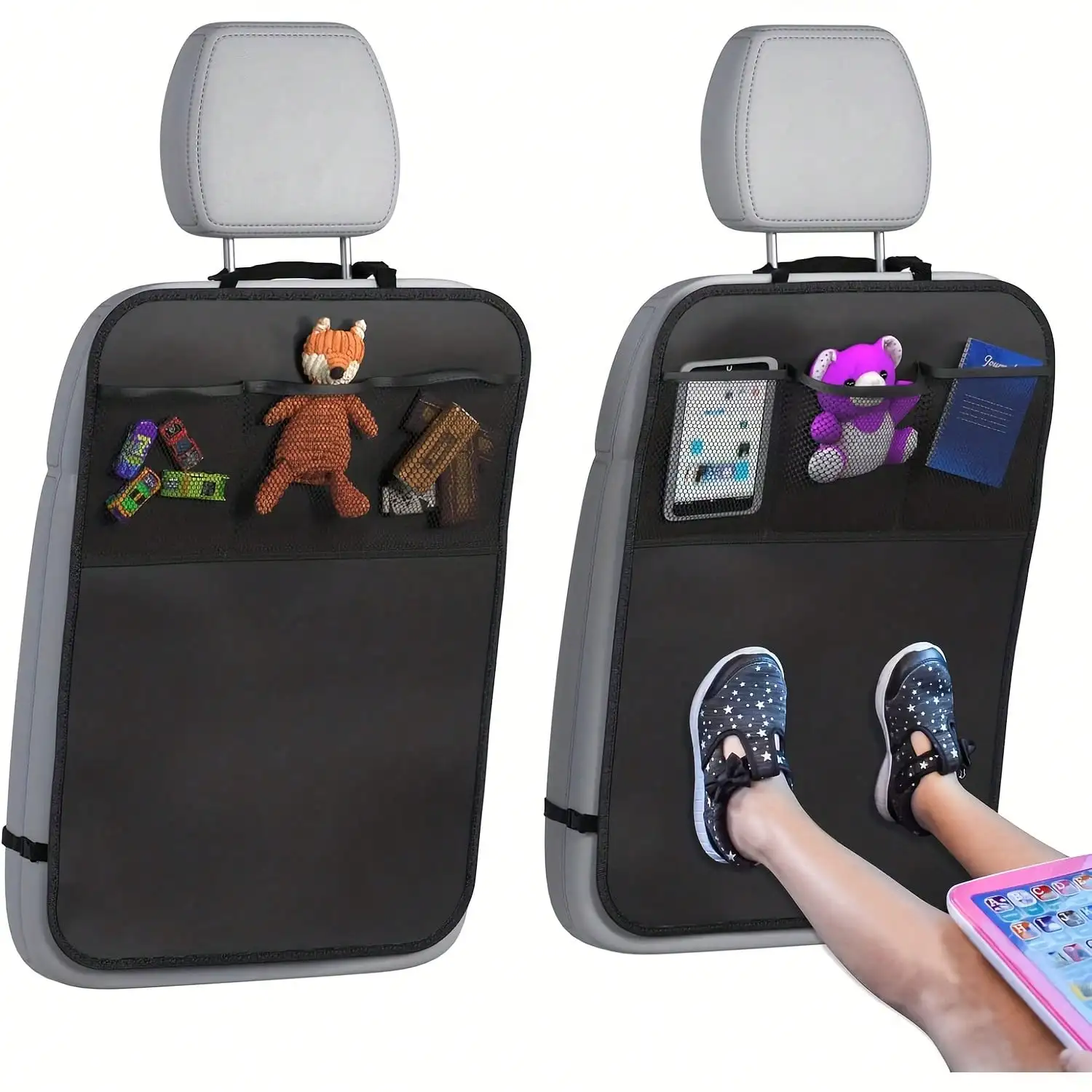 

2-pack extra-large waterproof car rear seat kick pads with 3 storage pockets each. They shield seat backs from dirt, mud and scratches, while offering handy space to organize small items. Sturdy and practical for daily car use.