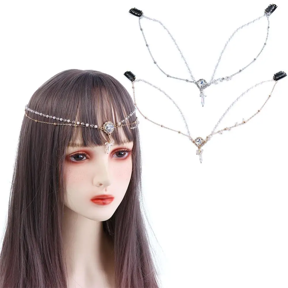 

Flower Headdress Pearl Chinese Style Photo Props Hair Accessories New Year Side Clip Eyebrows Pendant Crystal Head Chain