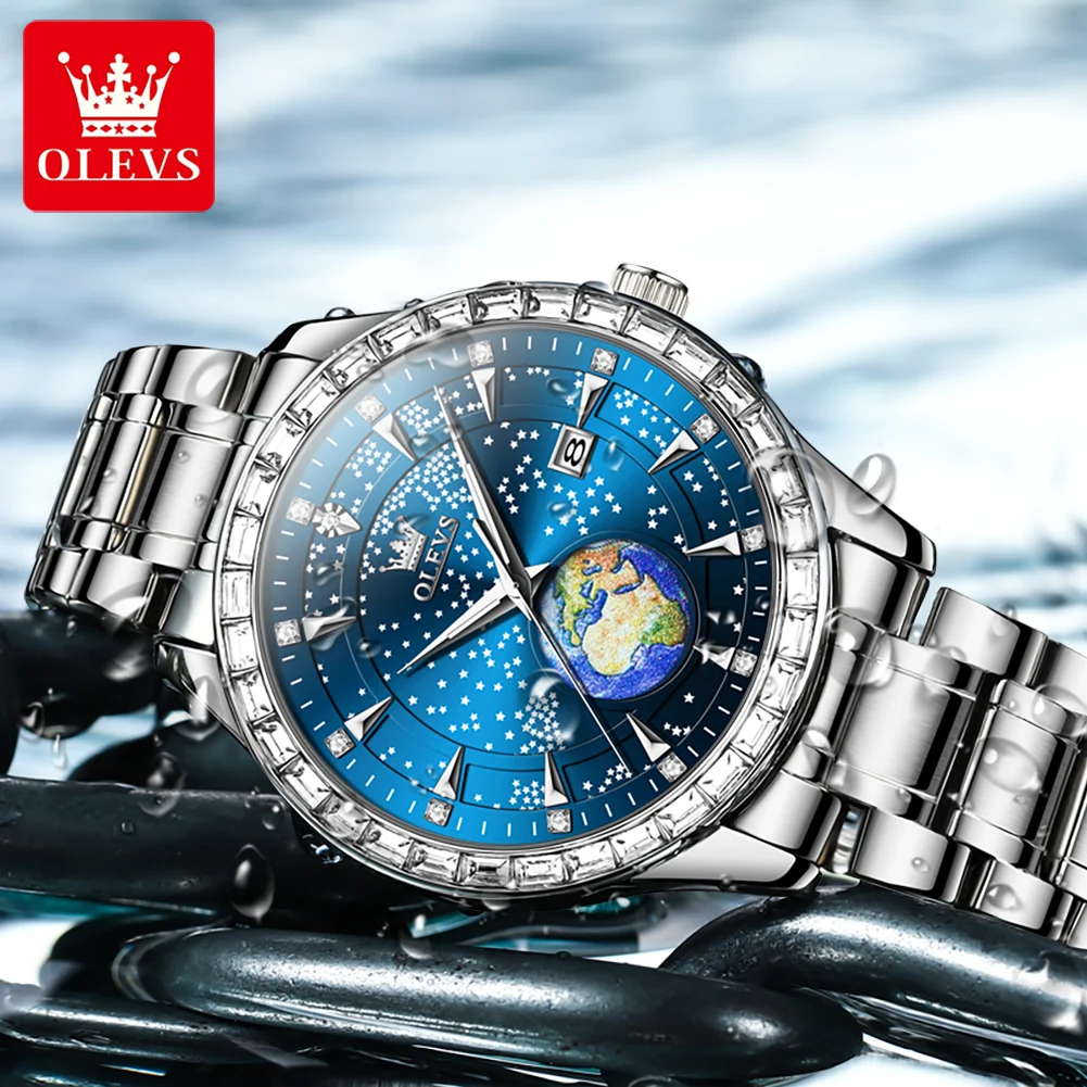 OLEVS Quartz Men's Watch Luxury Starry Sky Globe Diamond Dial Blue Leather Wristwatch Stainless steel Quartz Watch for Man New