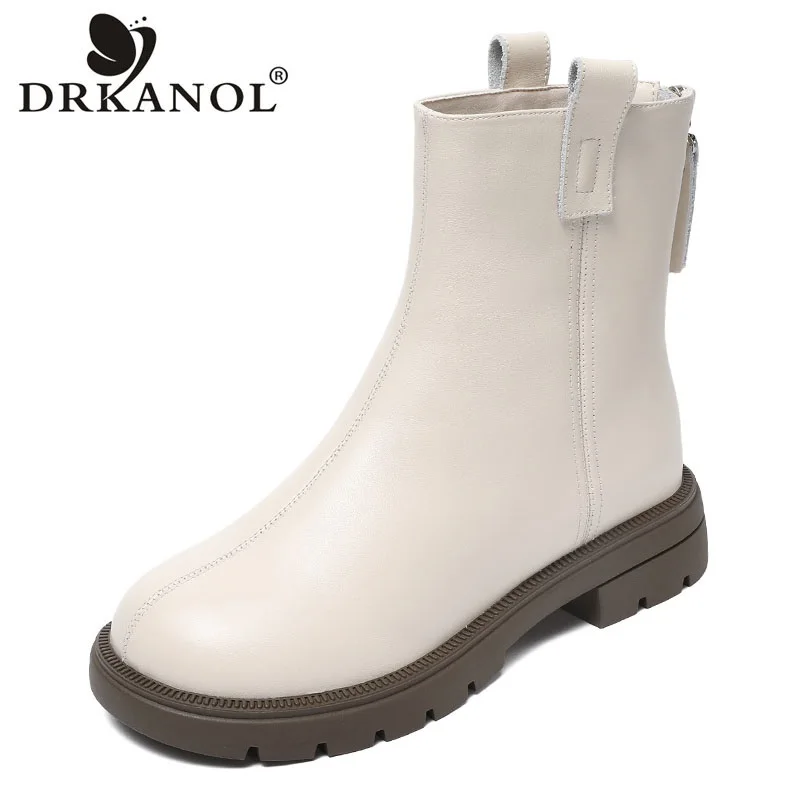 

DRKANOL модные женские ботинки до середины икры из натуральной коровьей кожи, зимние плюшевые теплые ботинки на молнии сзади на плоской подошве, мягкие удобные однотонные ботинки