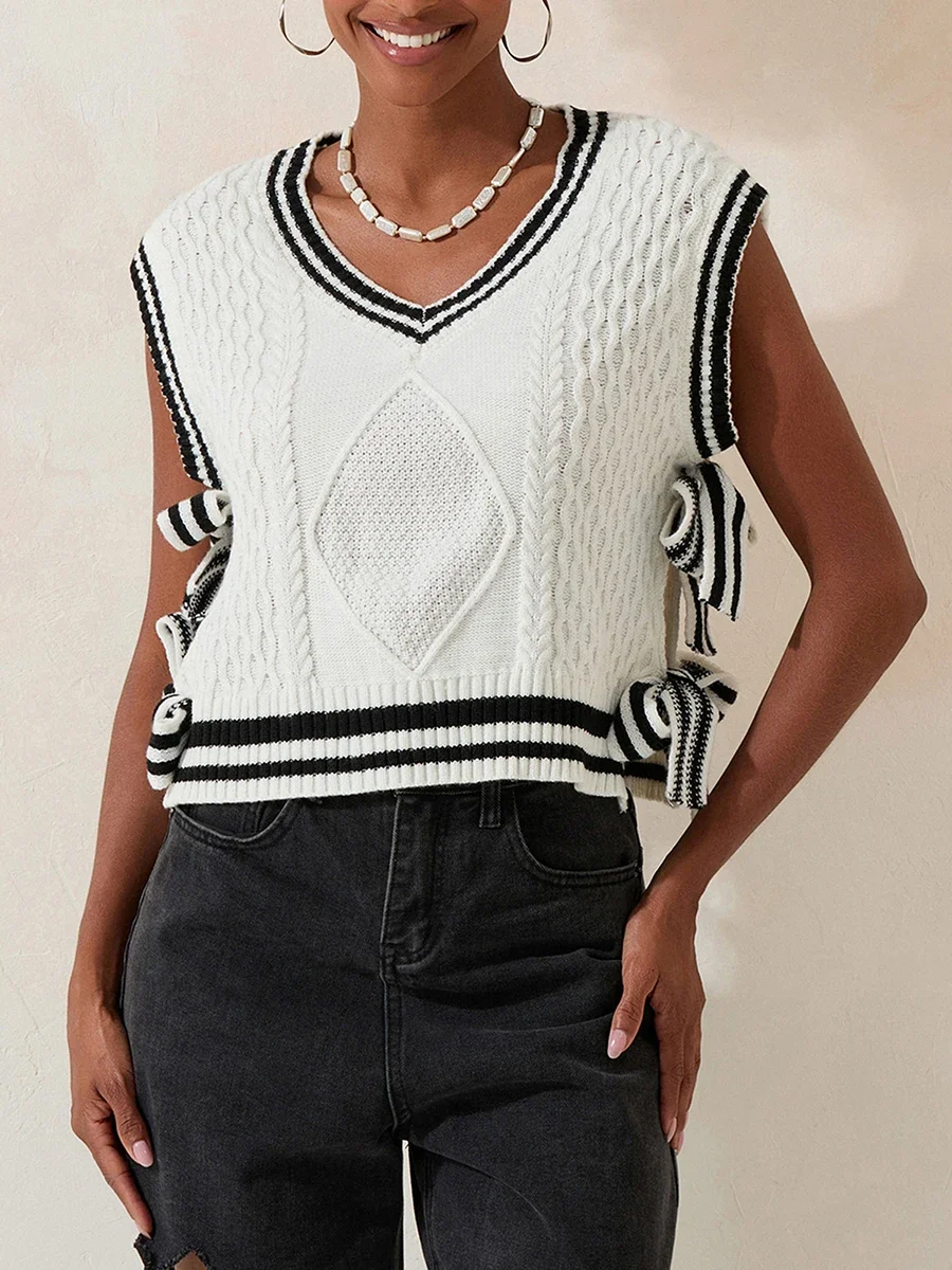 Women's Cable Knitted Sweater Vests Autumn V-Neck Stripe Side Bow Tie Up Loose Short Gilet Female Fall Casual Knit Tank Tops Y2K