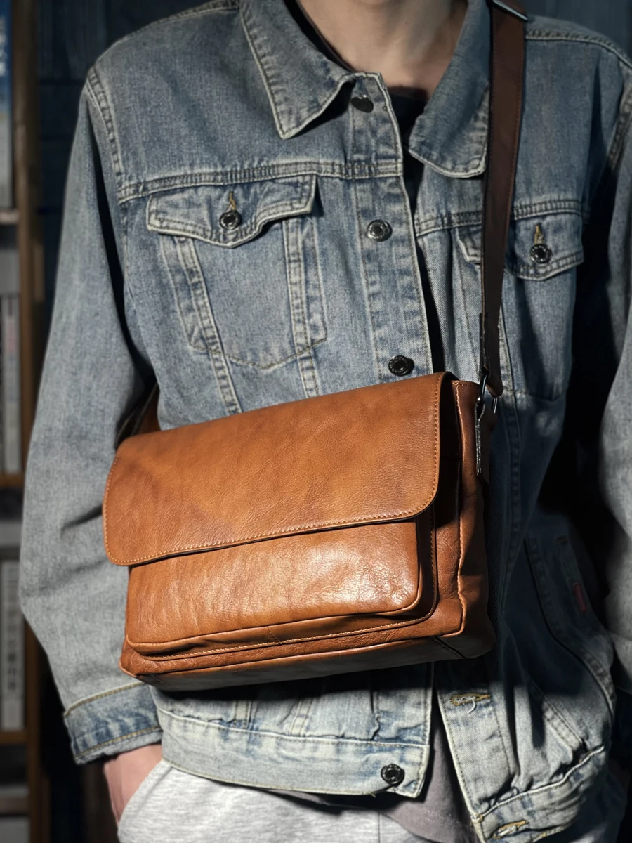 High Quality Handmade Polished Leather Shoulder Men's Luxury Bag Vegetable Tanned Messenger Casual Vintage First Layer Cowhide