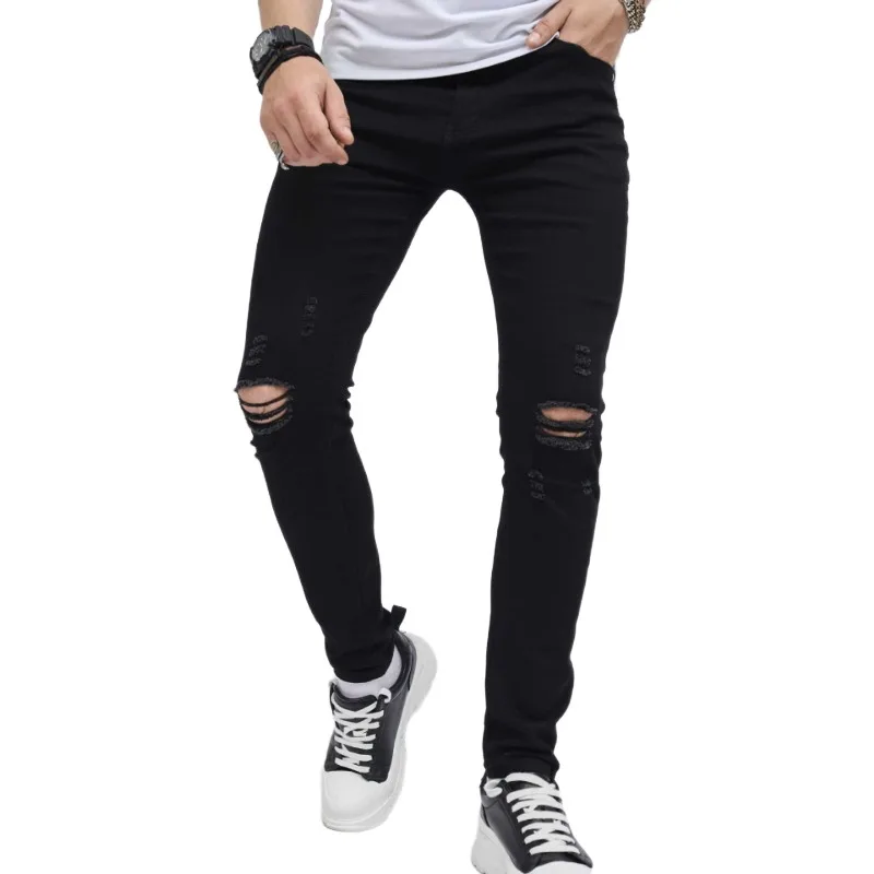 

Pure Black Denim Trendy Brand Ripped Slim-fit Small Feet Elastic Jeans Men's Slim-fit Trousers