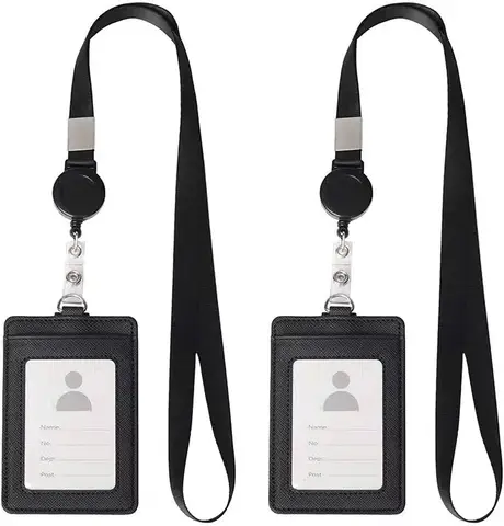 PU Leather Slim Minimalist Wallet ID Card ID Card Holder, Retractable Lanyard Neck Strap with 1 ID Window and 2 Card Slot