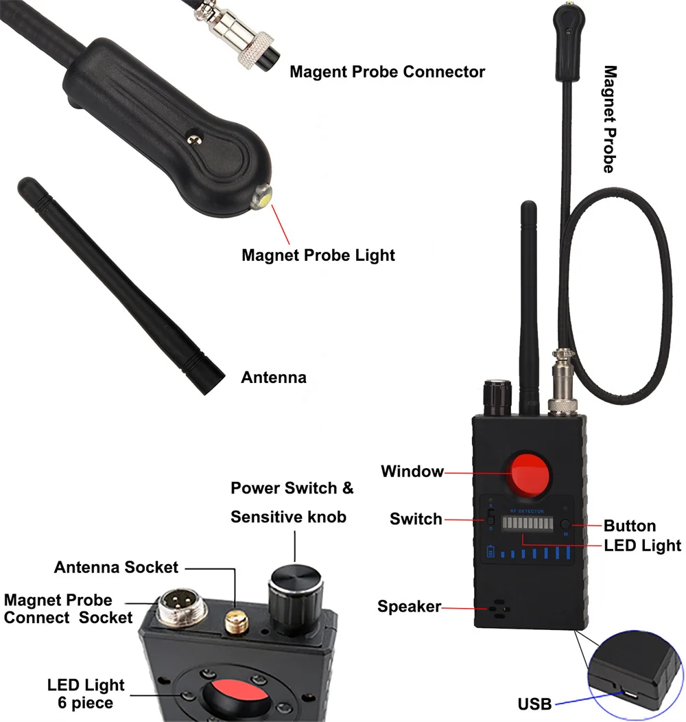 Multi-function Anti Spy RF Signal Detector Bug GSM Listening Device Finder WiFi GPS Signal Lens Tracker Radio Spy-Camera Scanner