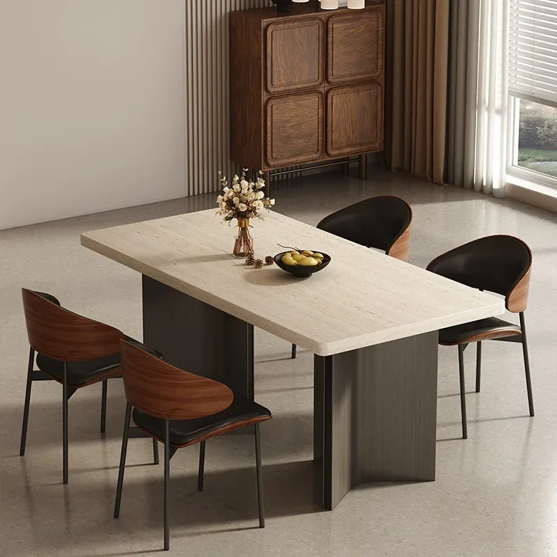 Italian simple modern retro style rectangular bottom hanging travertine dining table rock slab dining table and chair
