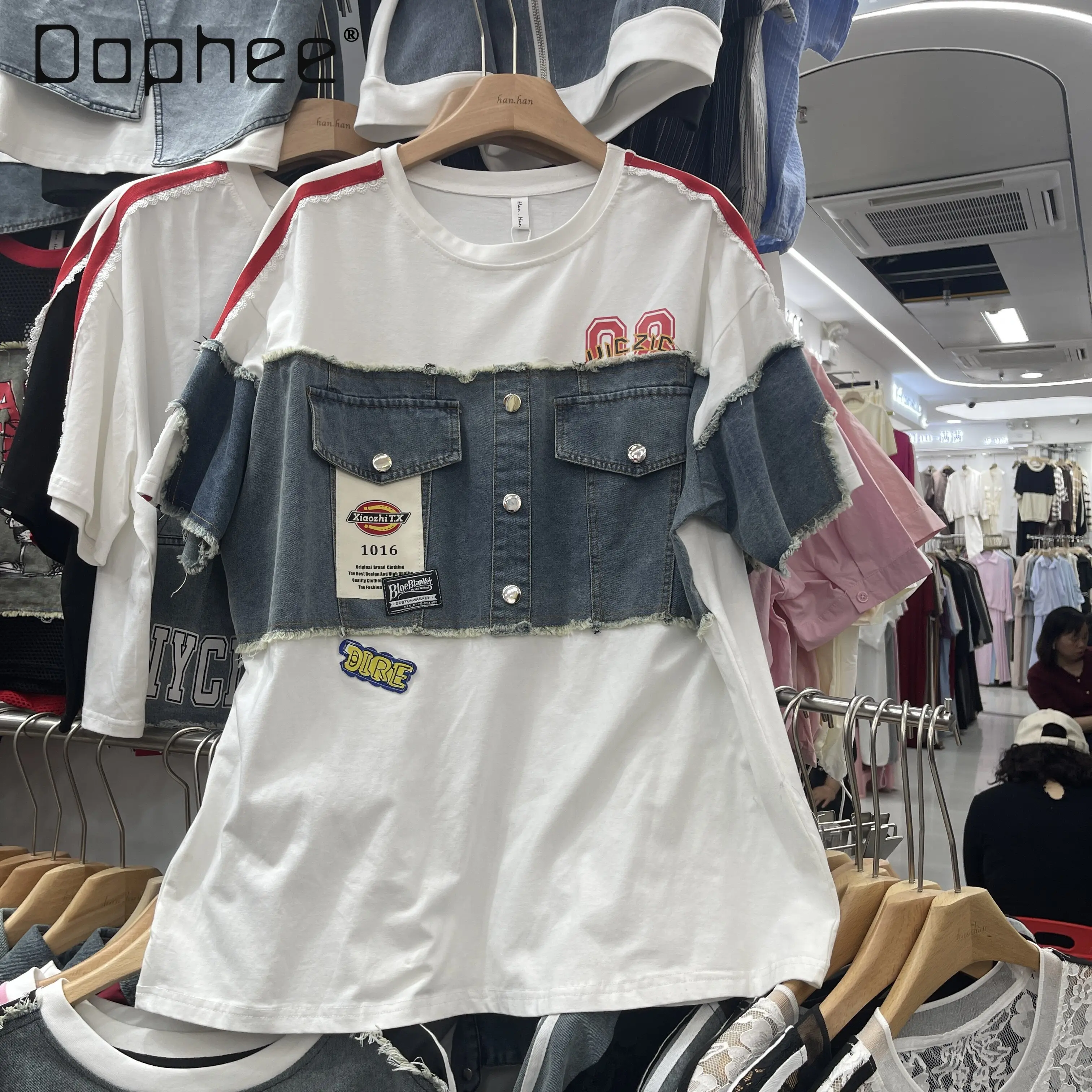 

Personalized Denim Spliced Short-sleeved T-shirt Women's 2026 Summer New Letter Print Loose and Versatile Half-sleeved Top Trend