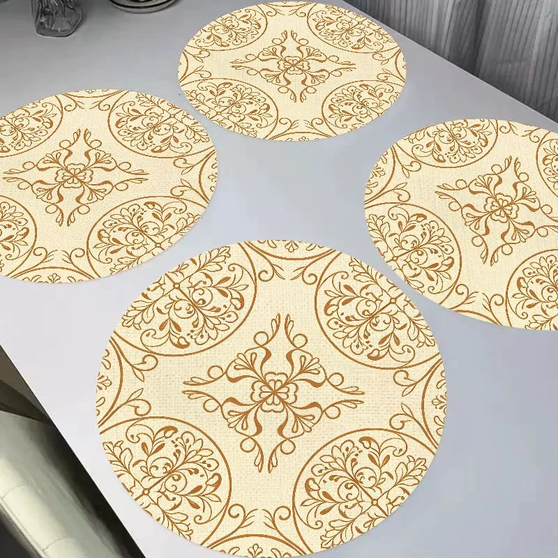 VIKAMA Retro Gilded Persian Mandala Flower Round Linen Table Mat Thermal Insulation Wear resistant Table Mat Desktop Decoration