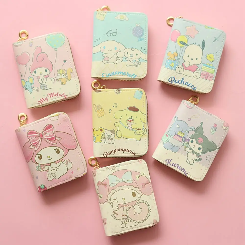 Sanrio dompet kulit PU Melody Kuromi Cinnamoroll tas kartu Pochacco casing kartu bisnis kartun tas ritsleting tempat kartu kredit