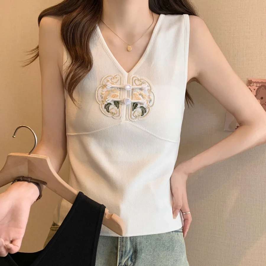 외투 브이넥 니트 여성 스웨터 조끼 새로운 민소매 흰색 자수 니트 스웨터 조끼 여성 탑스 스웨터 페미니노 Q2629